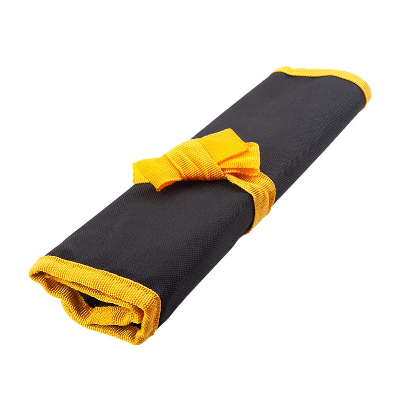 Compact rolled-up canvas pouch for TOLSEN double open end spanner set with yellow tie strap