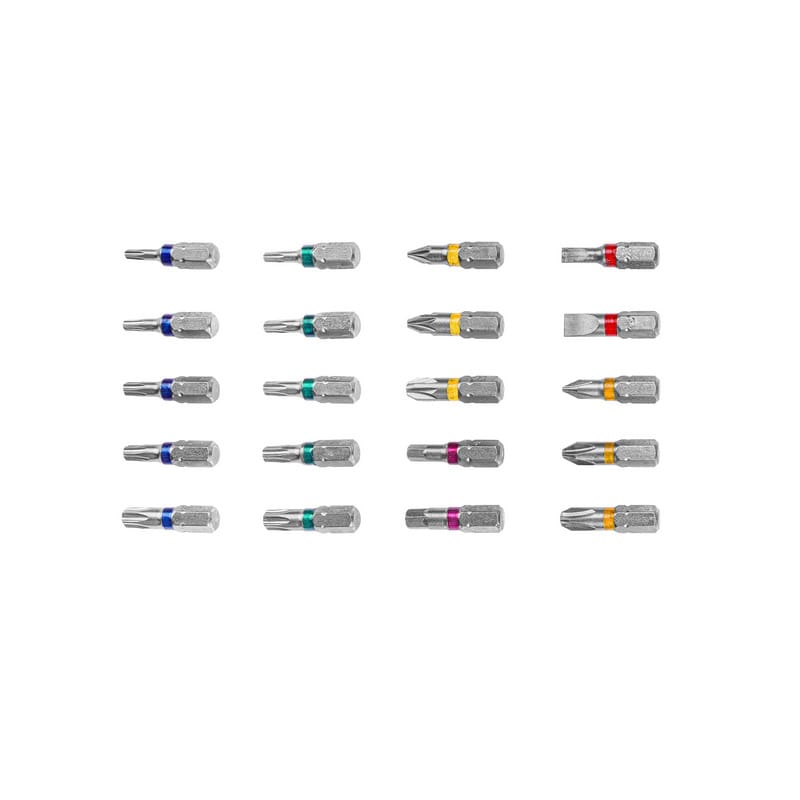 Close-up of TOLSEN 1/4 inch hex shank screwdriver bits with color-coded rings for identifying Torx, Phillips, and Slotted sizes.