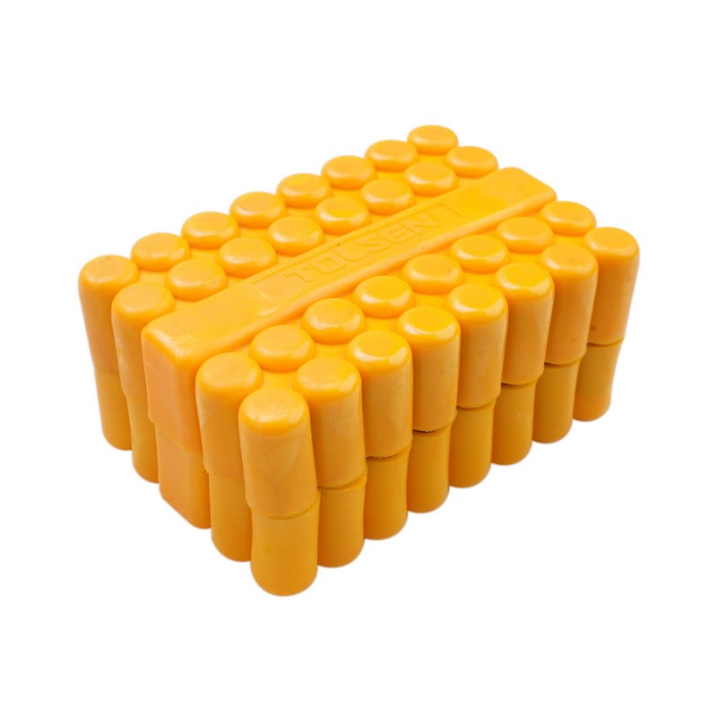 Closed yellow Tolsen rubberized storage block designed to securely hold the 33-piece screwdriver bit set.