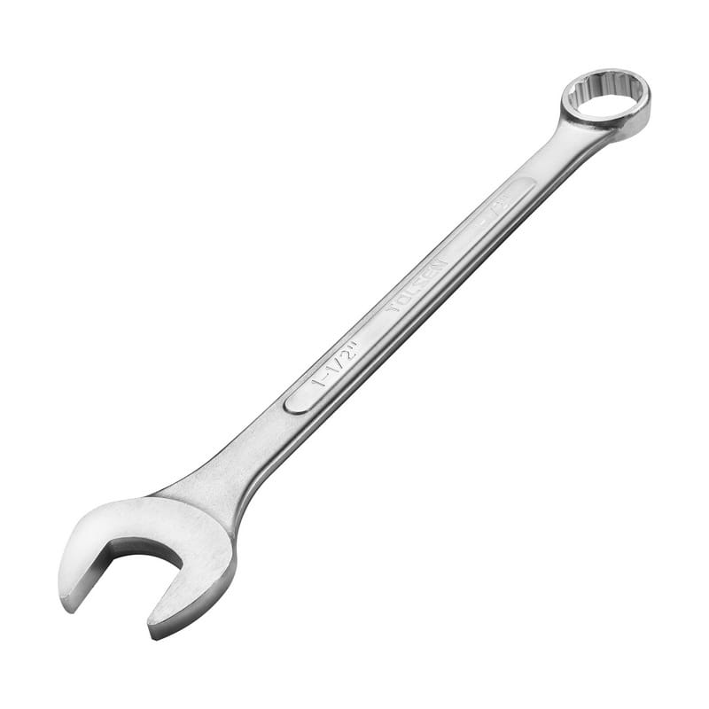 Perspective view of a TOLSEN combination wrench highlighting the durable chrome vanadium steel construction.