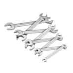 Stacked view of TOLSEN chrome vanadium double open end wrenches showing U-shaped jaws on both ends