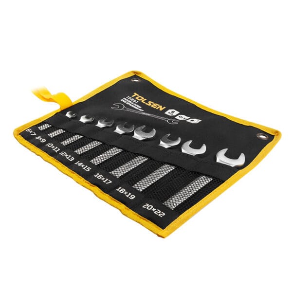 Open canvas tool roll displaying TOLSEN 8pcs double open end wrenches with size markings from 6x7mm to 20x22mm