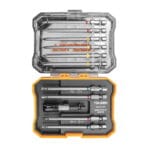 Open case of TOLSEN 11pcs screwdriver bit set model 20375 showing organized long hex shank bits and quick release holder.