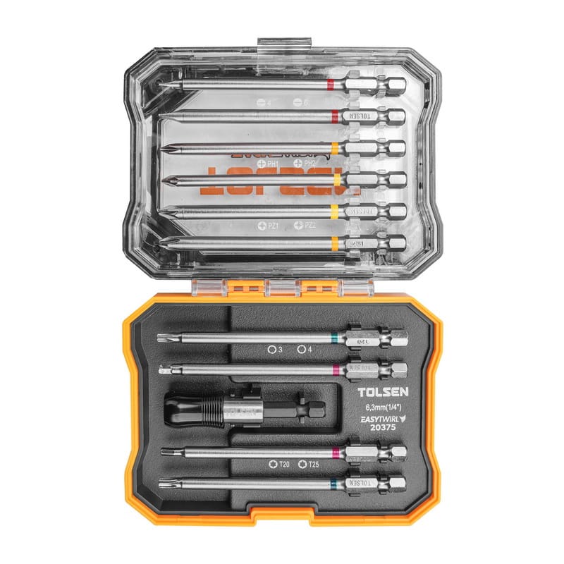 Open case of TOLSEN 11pcs screwdriver bit set model 20375 showing organized long hex shank bits and quick release holder.
