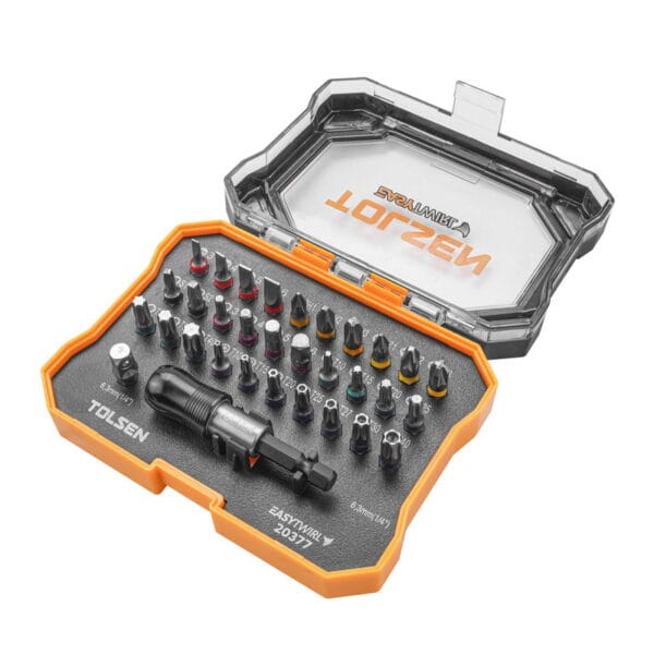 Open storage case of TOLSEN 20377 bit set showing organized color-coded screwdriver bits, socket adapter, and quick release holder.