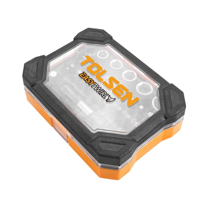 TOLSEN EasyTwirl tool set in a rugged closed storage case with transparent lid and protective rubber corners.