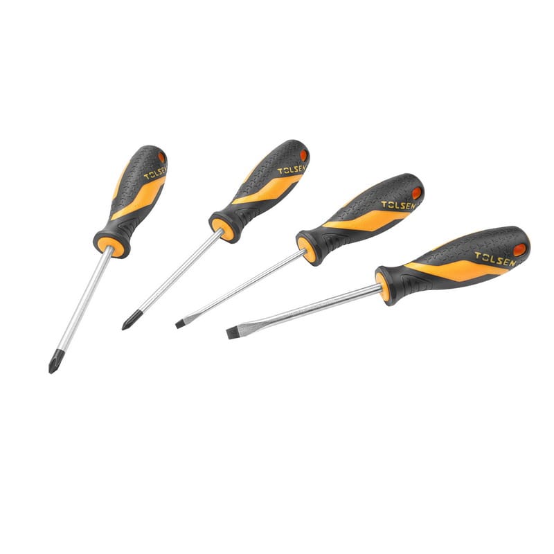 Angled view of Tolsen GRIPro series screwdrivers showing the black and yellow non-slip grip design.