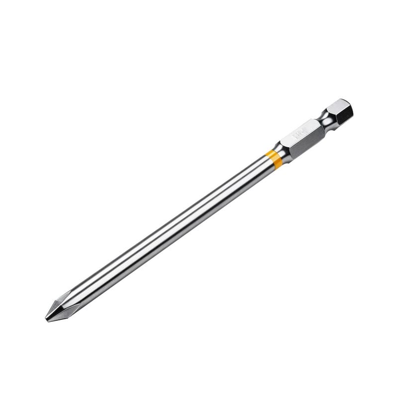 Side view of a single TOLSEN long screwdriver bit featuring a 1/4 inch hex shank and yellow color-coded ring.