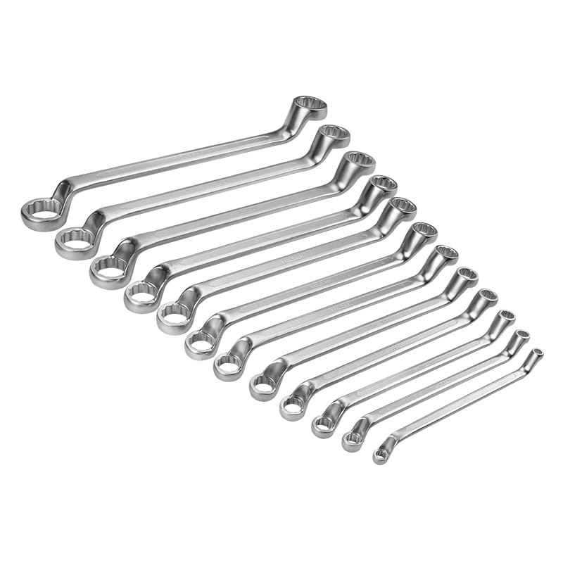Complete 12-piece set of TOLSEN metric double ring spanners laid out from smallest to largest size
