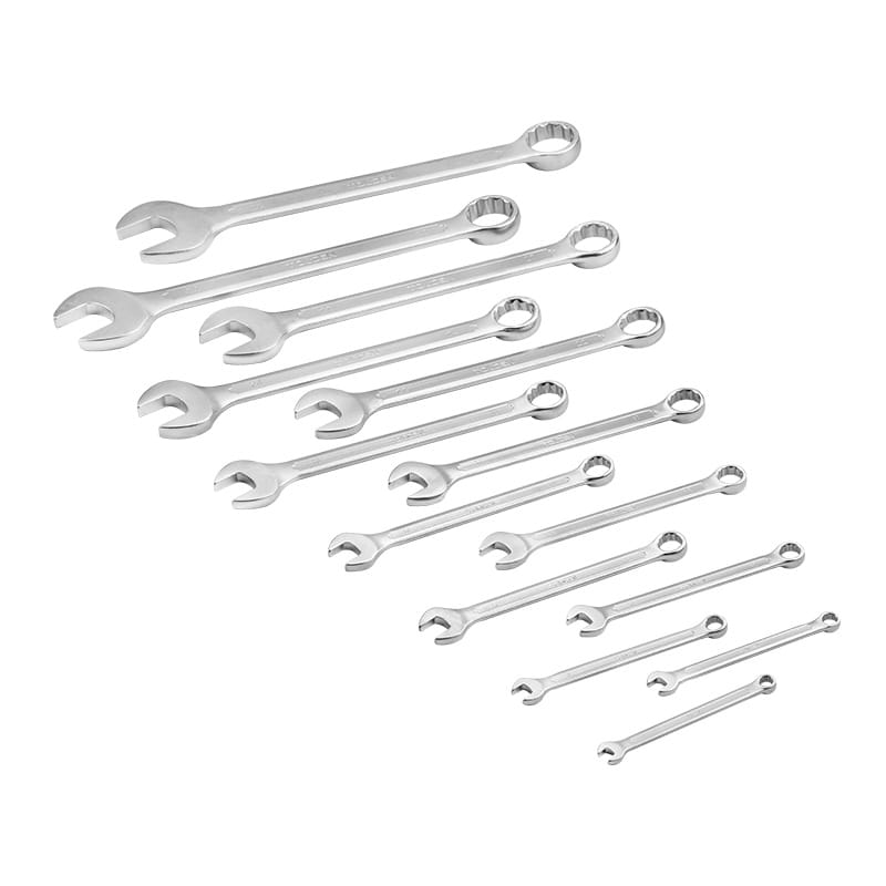 Complete set of TOLSEN 14pcs metric combination wrenches arranged by size from smallest to largest
