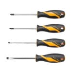 Set of 4 Tolsen screwdrivers including PH1, PH2 Phillips and 4mm, 6.5mm Slotted sizes with ergonomic handles.