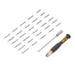 Flat lay of Tolsen precision tool set contents showing assorted screwdriver bits, extension bar, and handle.