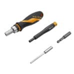 The main driving tools of the set: an ergonomic ratchet handle, a precision screwdriver handle, and an extension bar