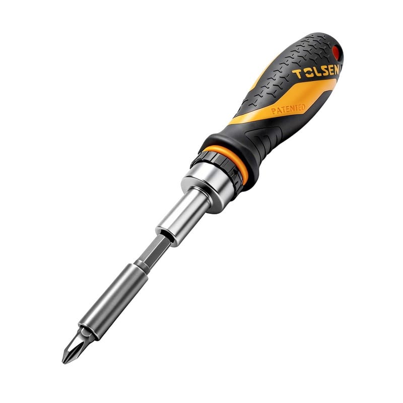Tolsen ratchet handle fitted with extension bar and screwdriver bit for versatile fastening