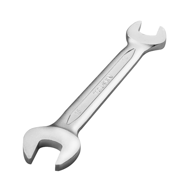 Full view of a single TOLSEN double open end wrench featuring two different sized open jaws