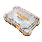 Closed transparent storage box for Tolsen 56pcs tool kit showing EasyTwirl branding and compact organization