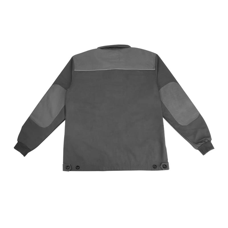 Back view of TOLSEN Working Jacket featuring reinforced elbow patches, light gray upper panel, and adjustable hem tabs