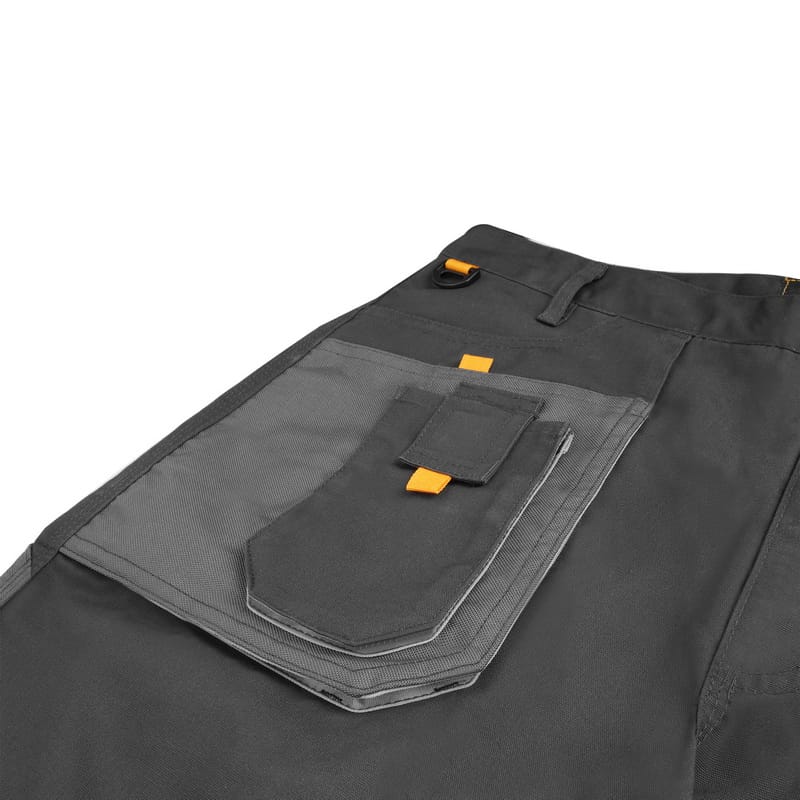 Close-up of TOLSEN Working Trousers side pocket showing multi-layered utility design, orange pull tabs, and reinforced stitching