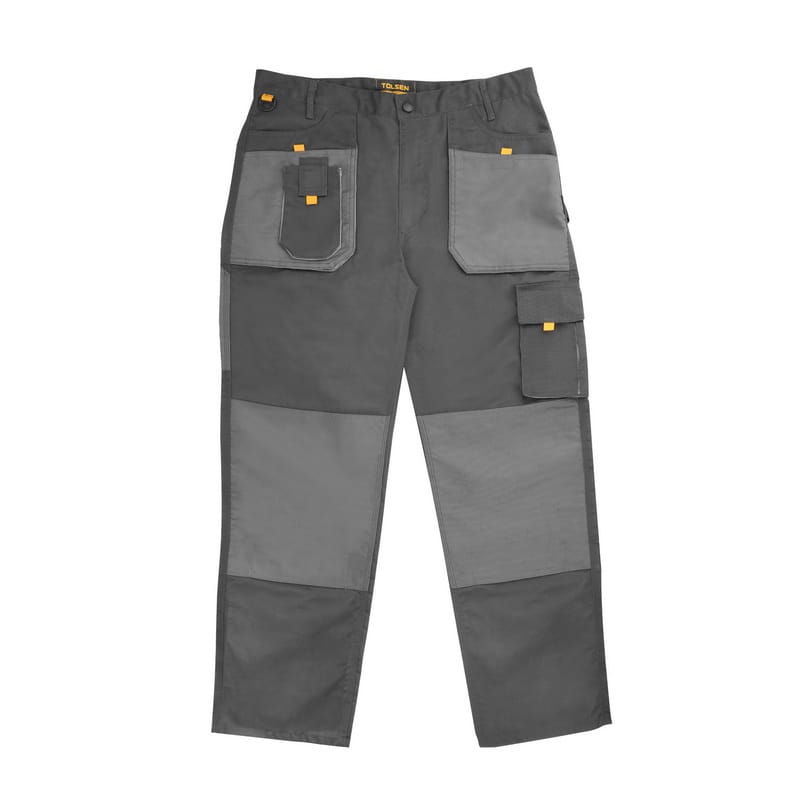 Front view of TOLSEN Working Trousers showing flap pockets with yellow accents, cargo compartments, and reinforced thigh panel