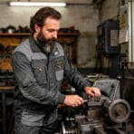 Man wearing a TOLSEN Working Jacket while operating a lathe machine in a workshop