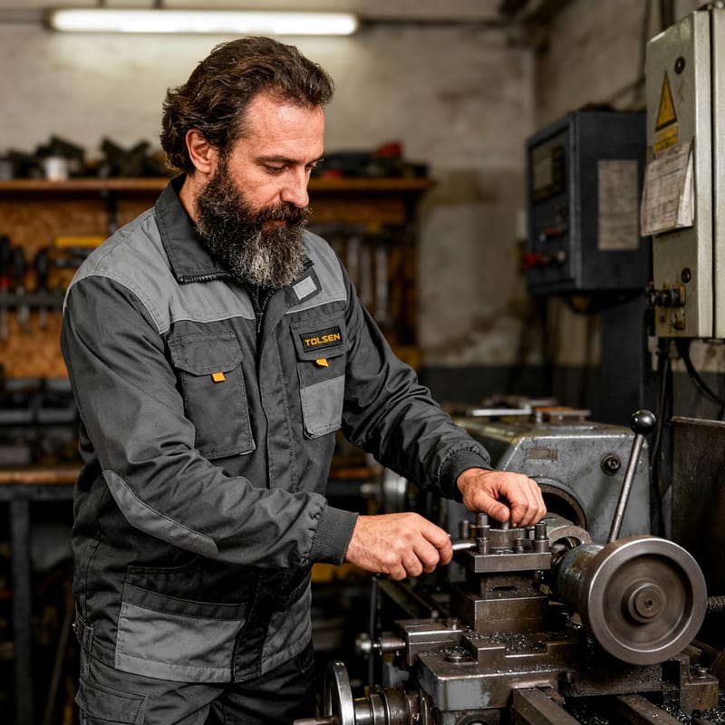 Man wearing a TOLSEN Working Jacket while operating a lathe machine in a workshop