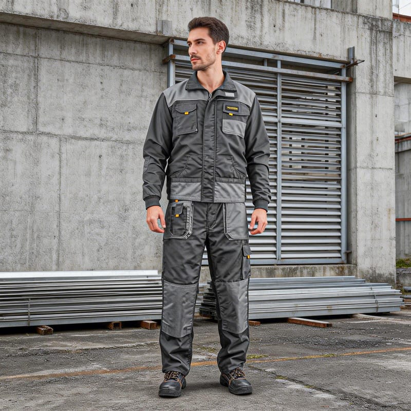 Full body view of Tolsen work uniform set including heavy-duty jacket and matching cargo trousers.