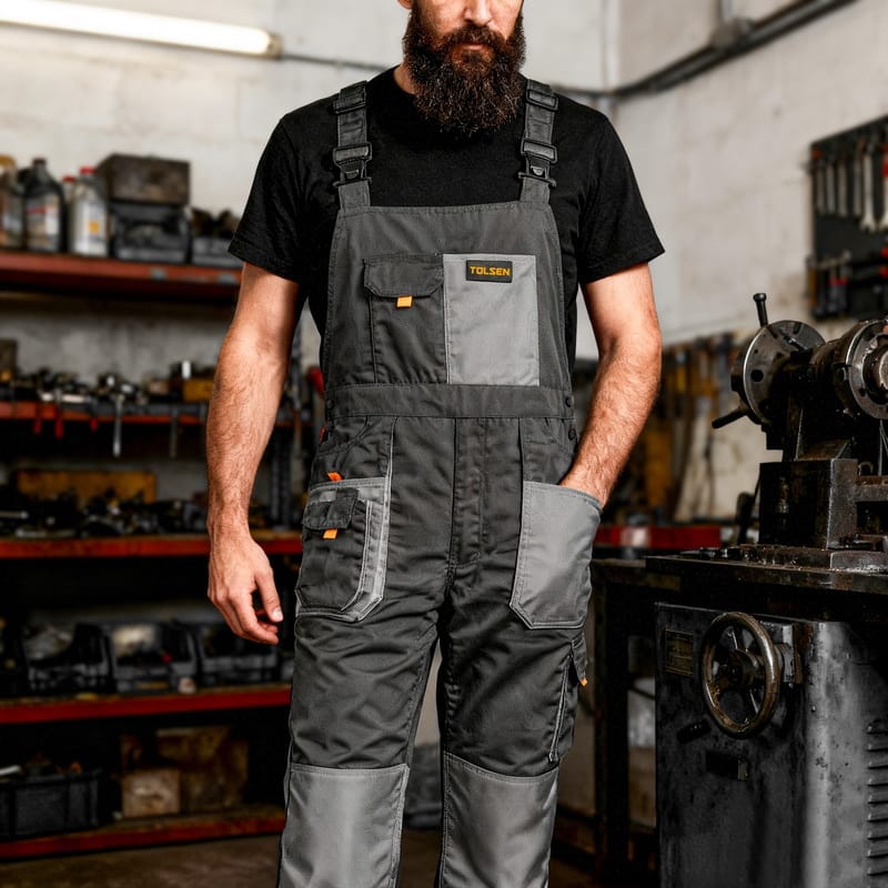 Mechanic standing in a workshop wearing Tolsen grey working overalls ready for heavy-duty tasks.