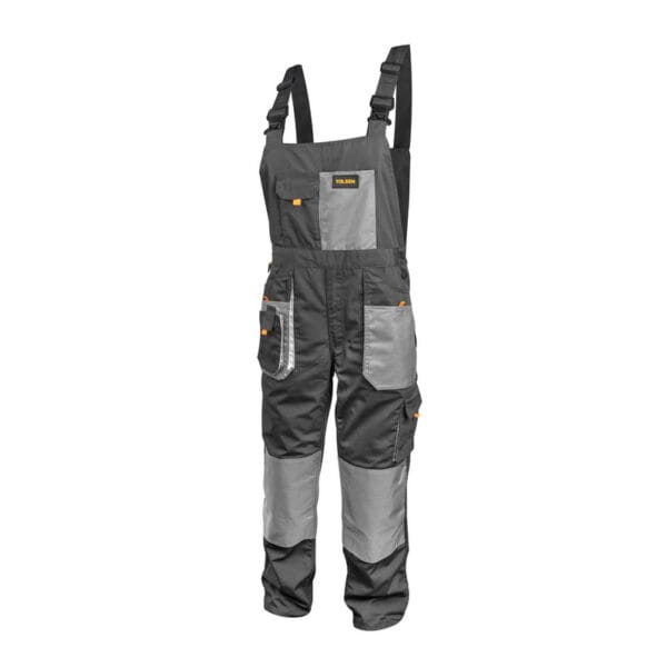 Front view of Tolsen working overalls featuring a multi-pocket design, reinforced knees, and durable grey fabric.