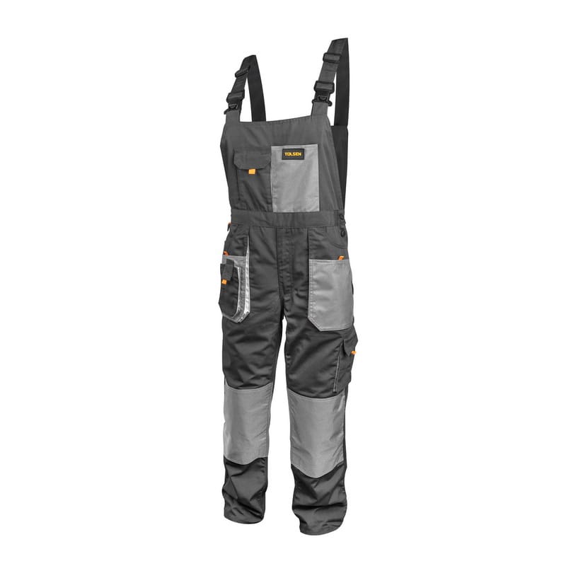 Front view of Tolsen working overalls featuring a multi-pocket design, reinforced knees, and durable grey fabric.
