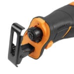 Close-up of Tolsen 20V Brushless Cordless Reciprocating Saw blade clamp and adjustable shoe