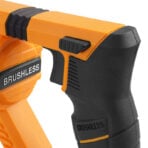 Close-up of Tolsen 20V Brushless Cordless Reciprocating Saw ergonomic handle and safety lock