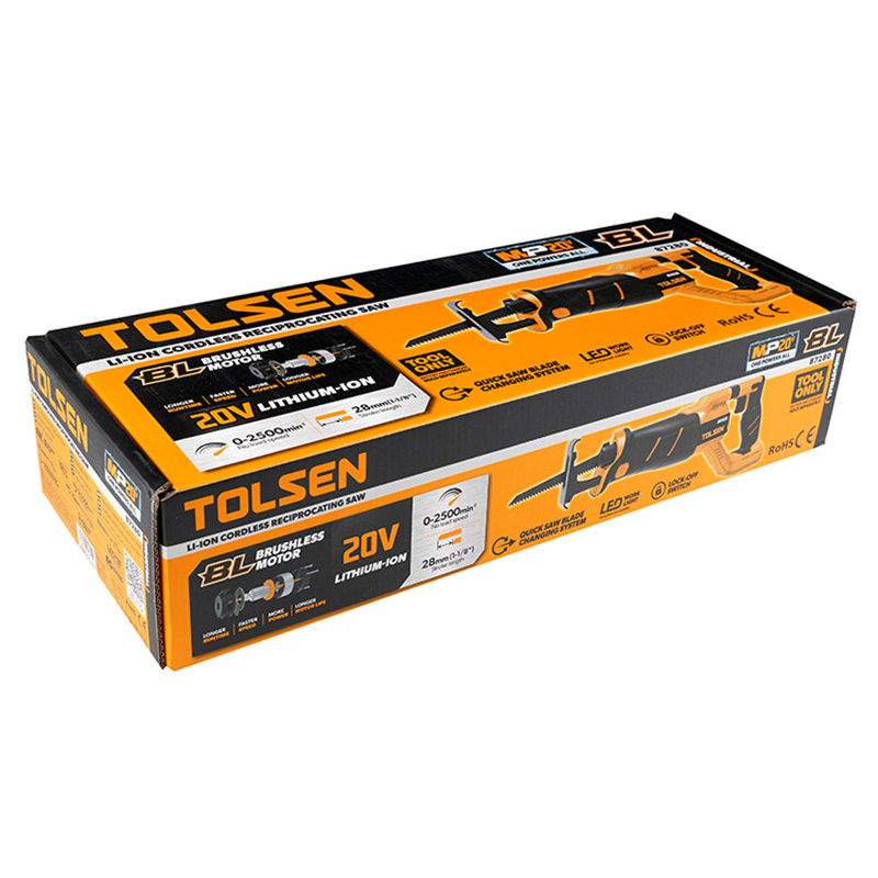 Tolsen 20V Brushless Cordless Reciprocating Saw retail packaging box