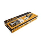 Retail packaging box of Tolsen 44935 500A Electrode Holder, displaying specifications like 250mm length and efficient grooved jaw positions.