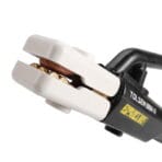 Close-up detail of Tolsen 500A welding stinger jaws, showing the durable copper clamping mechanism and multi-angle grooves for holding electrodes.