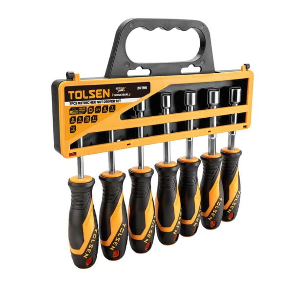 Tolsen 7pcs metric hex nut driver set displayed in a portable plastic storage rack, part of the GRIPro Industrial series