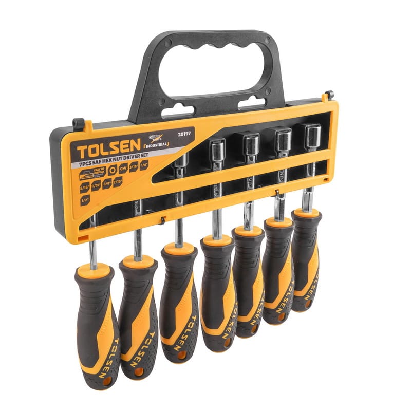 Tolsen 7pcs SAE hex nut driver set displayed in a portable plastic storage rack