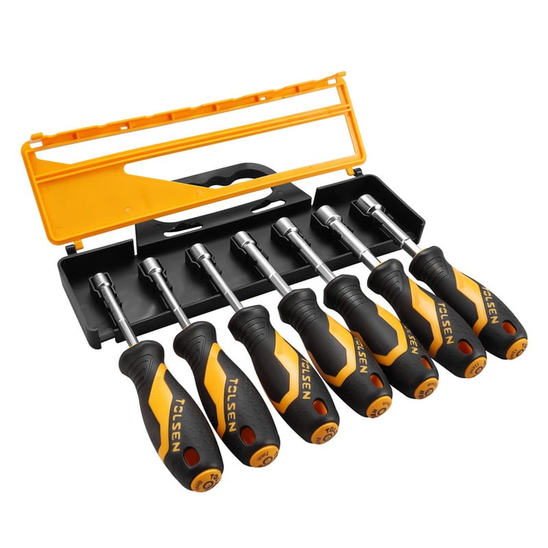 Tolsen 7pcs nut driver set with the plastic organizer rack opened to show easy tool access