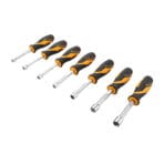 Full collection of Tolsen 7pcs nut screwdrivers laid out diagonally, featuring ergonomic black and yellow handles