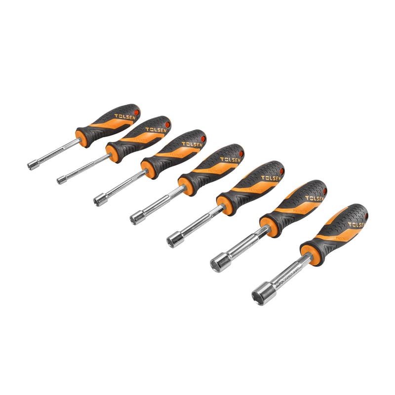 Collection of 7 Tolsen SAE nut screwdrivers with ergonomic grips laid out in size order