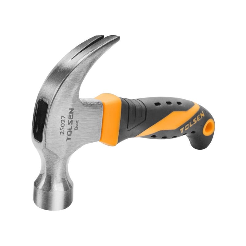 Tolsen 8oz claw hammer (model 25027) with a shock-absorbing fiberglass handle.