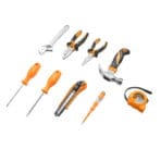 Full contents of the Tolsen 9-piece tool set including hammer, pliers, wrench, screwdrivers, knife, and tape measure laid out flat.