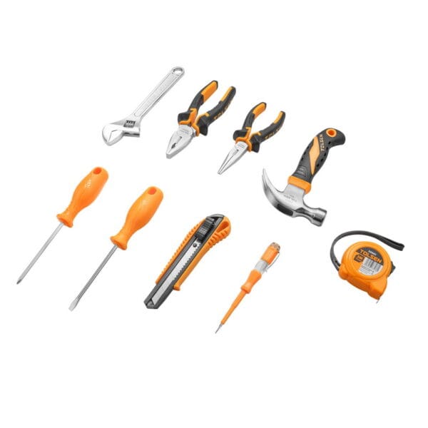 Full contents of the Tolsen 9-piece tool set including hammer, pliers, wrench, screwdrivers, knife, and tape measure laid out flat.