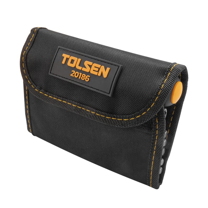 Folded and closed black textile storage case for Tolsen 26pcs tool set with rubber logo