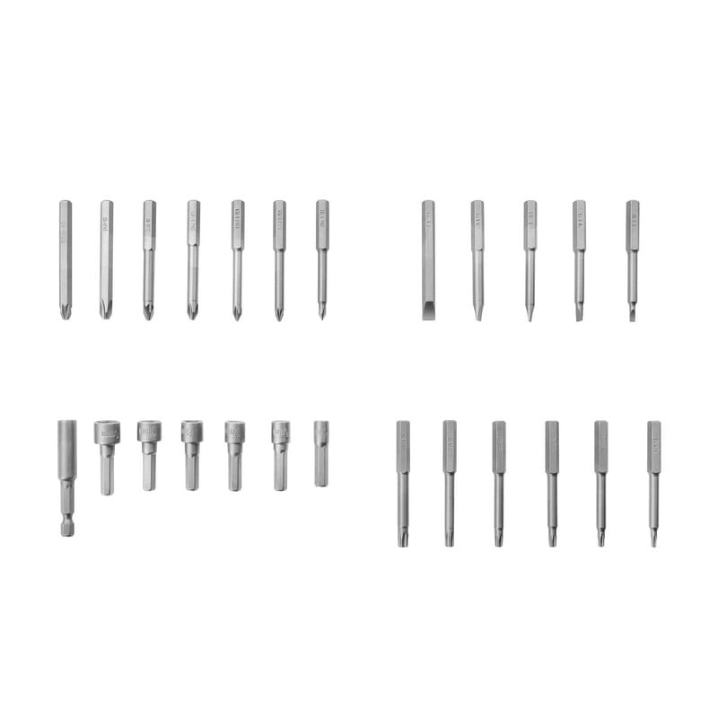 Close-up detail of Tolsen Chrome Vanadium (CrV) screwdriver bits (Torx, Hex, Phillips, Slotted) and sockets