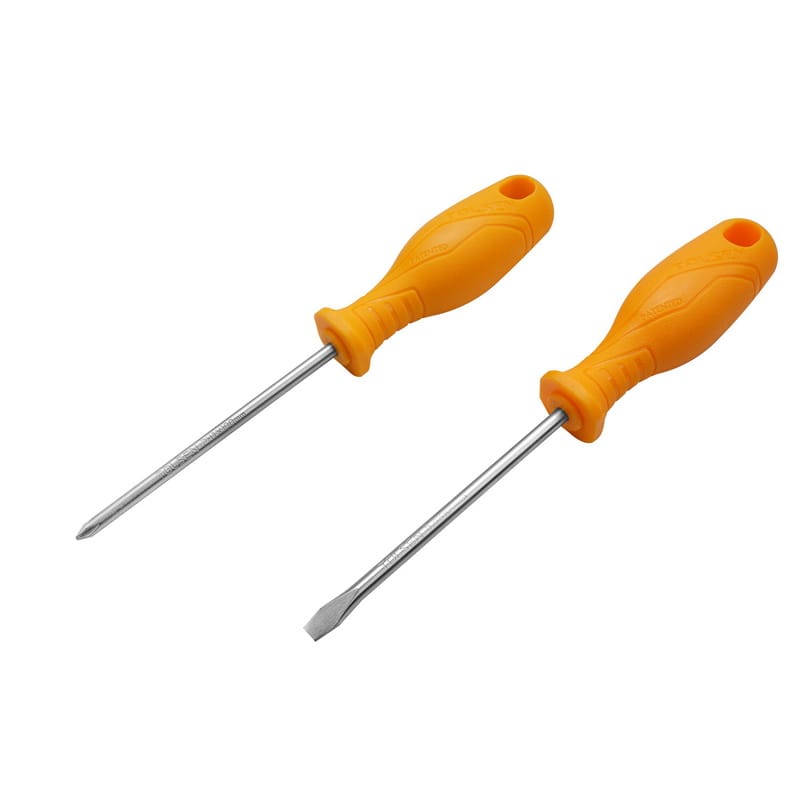 Set of two Tolsen screwdrivers including one Phillips head and one slotted flathead with orange comfort grips.