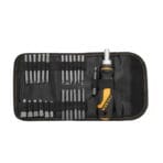 Open textile pouch displaying organized Tolsen ratchet screwdriver, extension bar, bits, and sockets