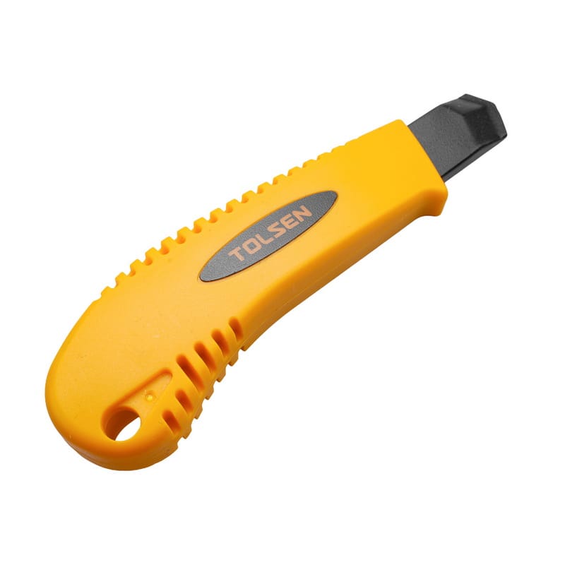 Close-up of the ergonomic yellow handle grip on the Tolsen snap-off utility knife.