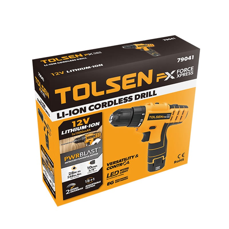 Tolsen 12V Cordless Drill retail packaging box