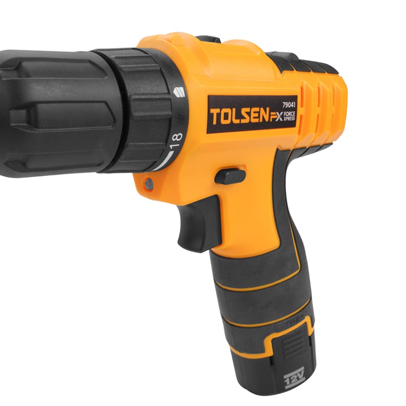 Tolsen 12V Cordless Drill showing torque settings and handle
