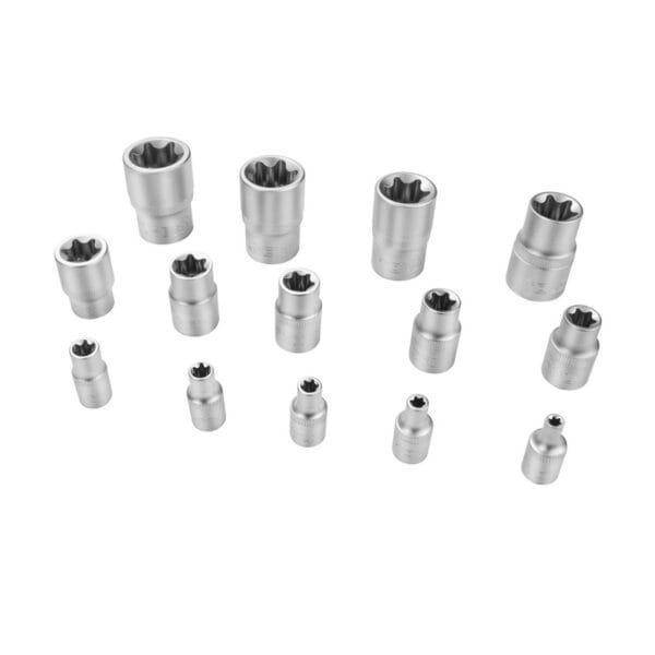 Assortment of Tolsen Chrome Vanadium (Cr-V) E-type sockets in various sizes.